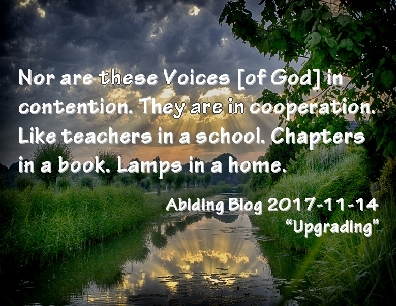 Nor are these Voices [of God] in contention. They are in cooperation. Like teachers in a school. Chapters in a bood. Lamps in a home. #GodsVoice #OneVoice #AbidingBlog2017Upgrading